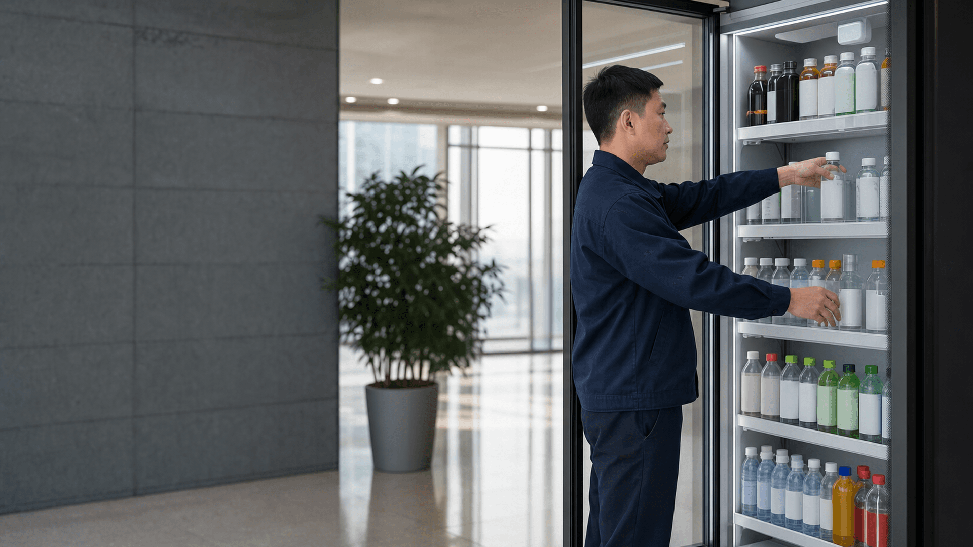 智能柜运营人员在写字楼补充饮料商品